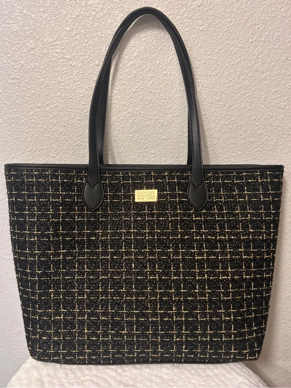 Badgley Mischka New York Tweed Black & Gold Tote Bag with Snap Closure New